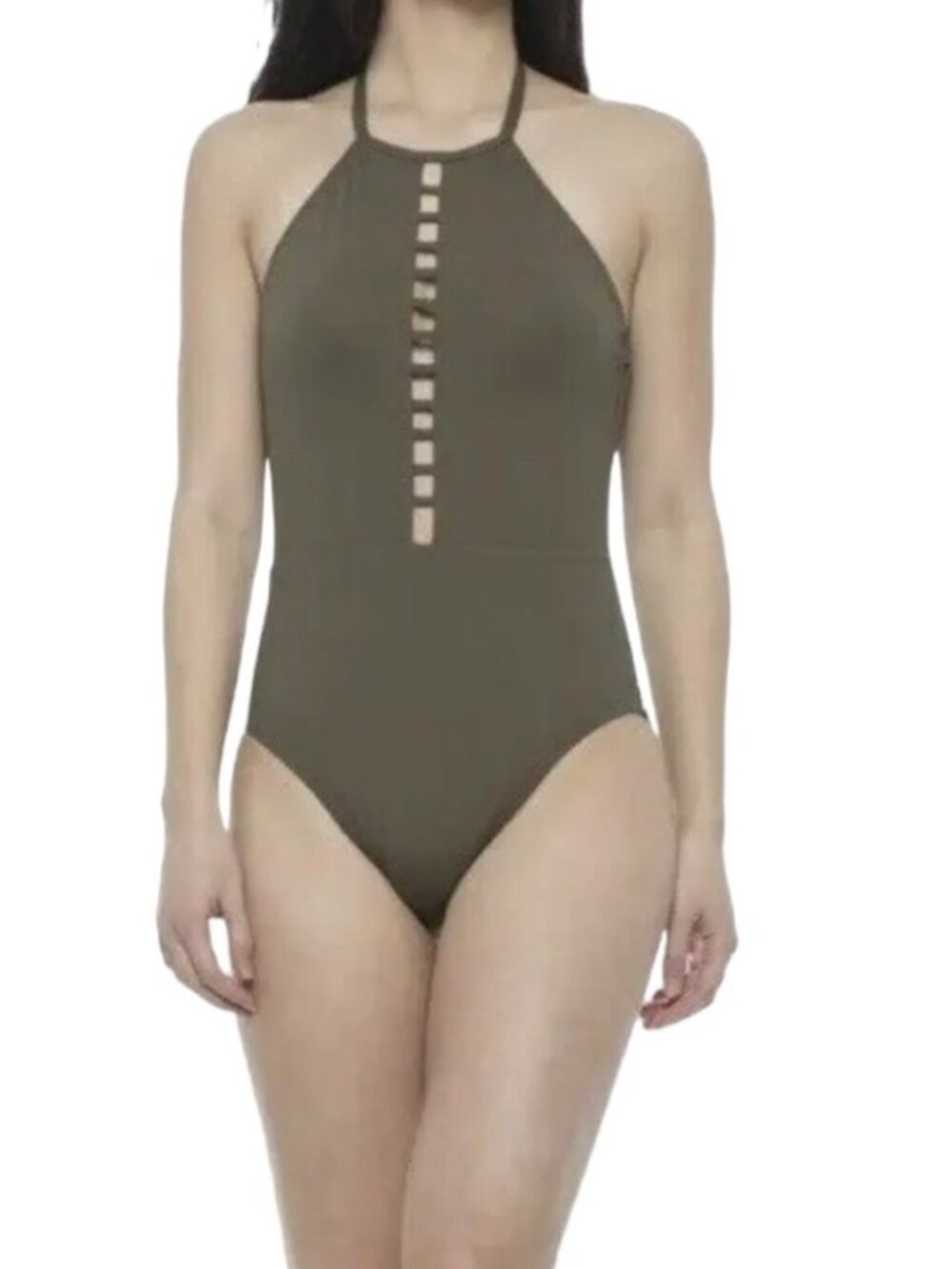La Blanca Moss Olive Green One Piece Strappy High Neck Swimsuit